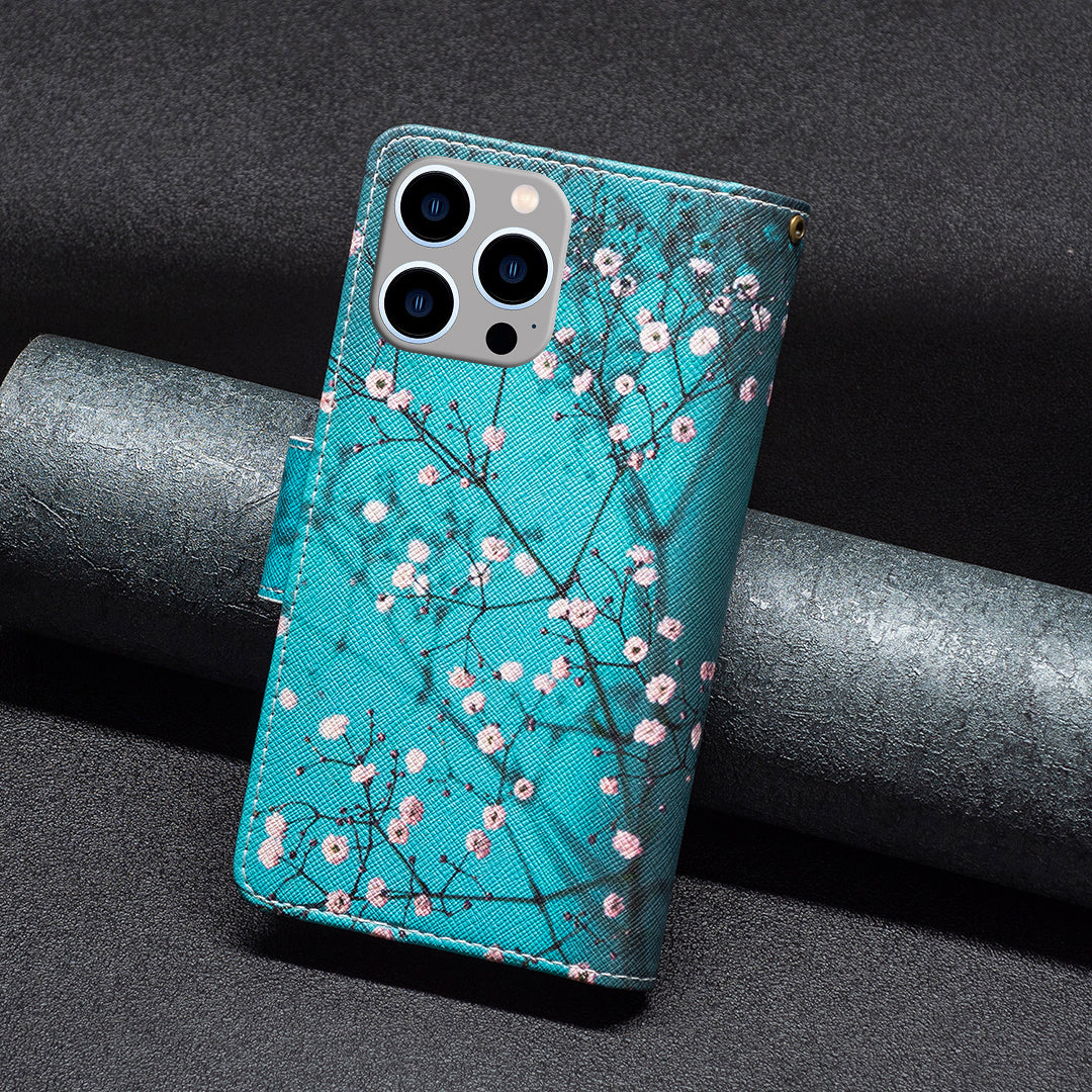 BF03 Zipper Pocket Phone Cover for iPhone 15 Pro Max , Pattern Printing Stand PU Leather Wallet Case - Plum Blossom BF03 Zipper Pocket Phone Cover for iPhone 15 Pro Max , Pattern Printing Stand PU Leather Wallet Case - Plum Blossom